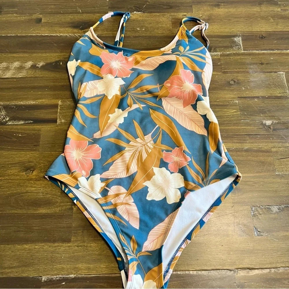 Kona Sol Floral Tropical One Piece Cream Tan Blue Neutral Small Boho Beachy